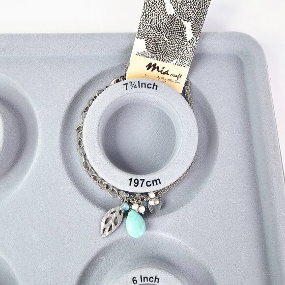 Silver Leaf Charm Bracelet With Turquoise Blue Stone And Beaded Accents NWT - Picture 11 of 12